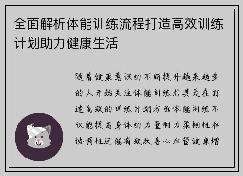 全面解析体能训练流程打造高效训练计划助力健康生活
